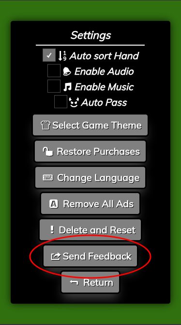 Settings screen with Send Feedback highlighted